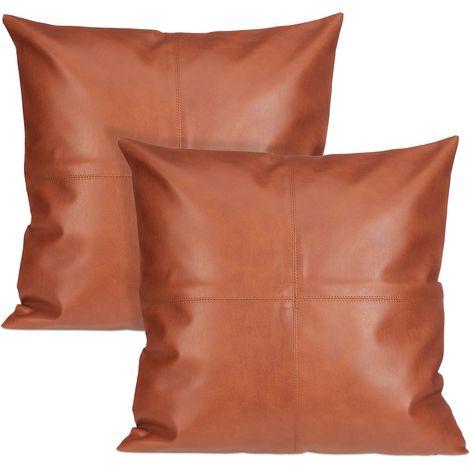 Relaxdays Kissenbezug 2er Set, 45x45 cm, Lederoptik, Kissenhüllen für Deko- & Sofakissen, mit Reißverschluss, braun/weiß