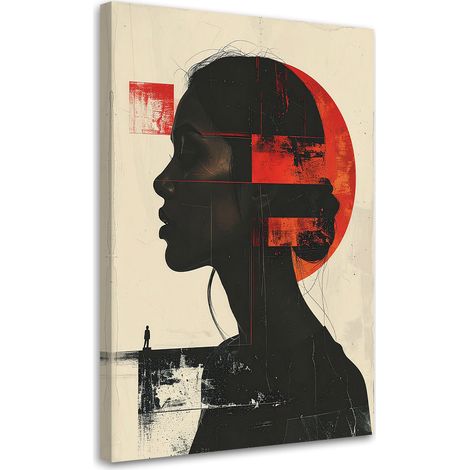 Stampe su Tela, Profilo di una donna minimalista con un tocco di stile geometrico in rosso. - 60x90 (1/2)