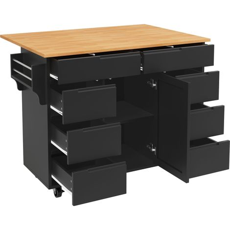 ELVMI Carrello da Cucina con 8 Cassetti e 1 Anta e Piano Pieghevole e Ruote, Cucina, MDF, Nero (1/5)