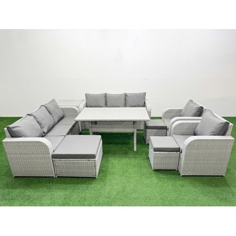 Fimous PE Rattan High Back Lounge Sofa Set Patio Rectangular Dining Table & Chairs Set with 3 Seater Sofa Reclining Chair 3 Stools Side Table Light Grey (1/4)
