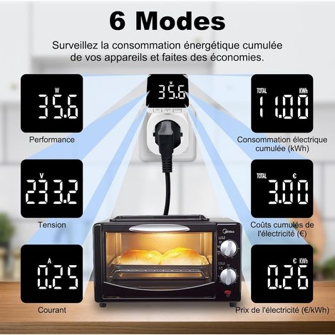 Compteur Électrique Wattmètre Prise, Compteur D'énergie avec LCD Rotatif Grande Taille 180°, Electrique Compteurs Energie avec 6 Mode Pour Surveiller Puissance, kWh Énergie, Tension, Courant et Coût