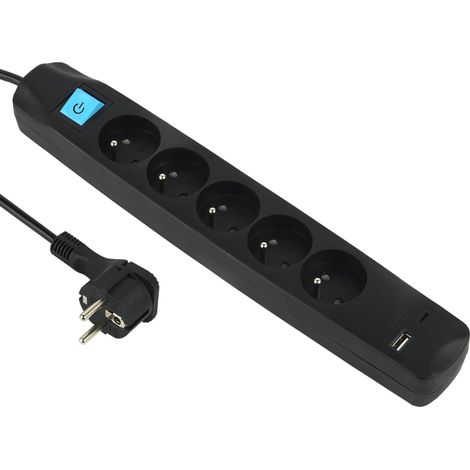 Bloc Multiprise 5 Prises Françaises + 2 USB 3.4A 17W A + 1 Type C, avec Interrupteur on/Off, Fiche Extra Plate 90° 16A, Câble 1.5M, Noir (1/5)