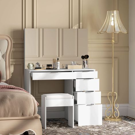 Blanche - Station maquillage avec grand miroir et 5 tiroirs, coiffeuse maquillage avec tabouret rembourré, pour la chambre