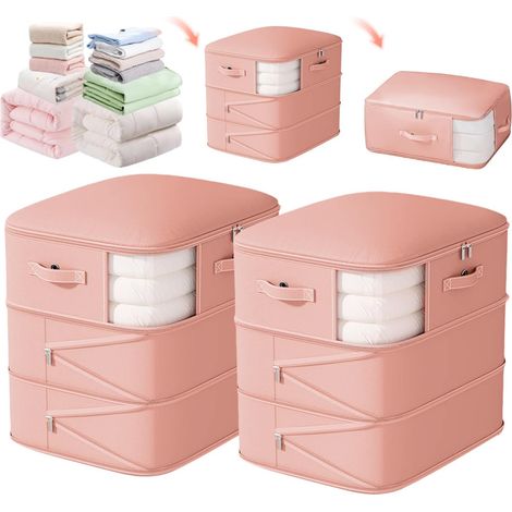 Lot de 2 Sacs de Rangement Auto-Compressibles Grande Capacité – 3 Couches, Économise 40% d'Espace, Organiseurs de Placard pour Couettes, Couvertures, Duvets et Doudounes (Rose, 3 COUCHES-XL, 90 x 54 x (1/5)