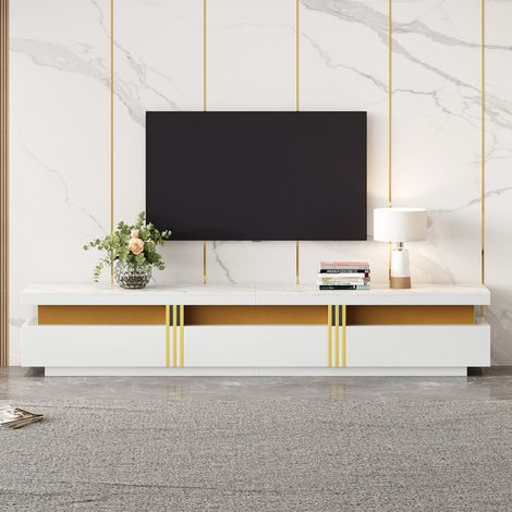 Meuble TV bas moderne effet marbre-3 tiroirs-Gestionnaire de câbles-Pour téléviseurs jusqu'à 90 pouces-200x40x42(cm) (1/5)