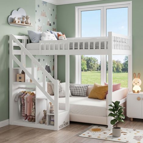 Superaly - Lit mezzanine enfant 90x200cm - Échelle de rangement - Barrière de sécurité - Protection anti-chute - Sommier à lattes - Finition blanche - Convient aux enfants - Espace multifonctionnel (1/5)