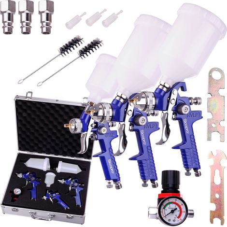 Pistole per verniciatura SICOPRO in valigetta di alluminio set HVLP 2x H-827P(1.4+1.7)+H2000 0.8+acc. (1/5)