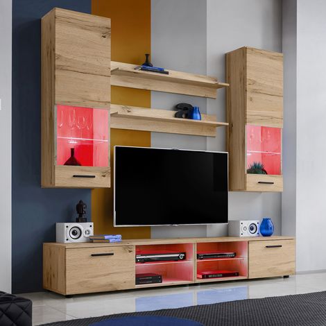 Komodee, Ensembles de Meubles RTV Varallo, Wotan/Wotan, Largeur 200cm x Hauteur 195cm x Profondeur 45cm, LED RGB, pour Salon, Chambre (1/4)