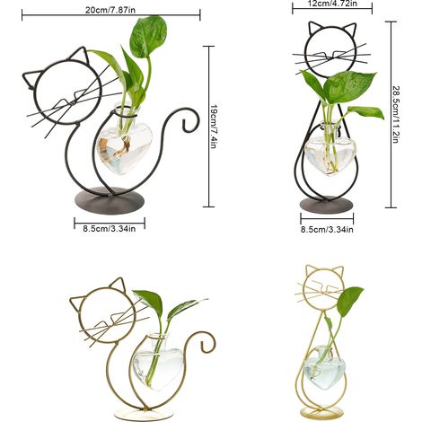 Lot noir chat avec cœur bouteille, vase en fer simple pour chat, hydroponique fleurs décoration (1/5)