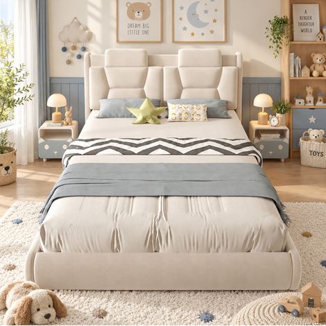 Lit enfant voiture 140x200 cm beige en flanelle avec tête de lit réglable et roues lumineuses (1/5)