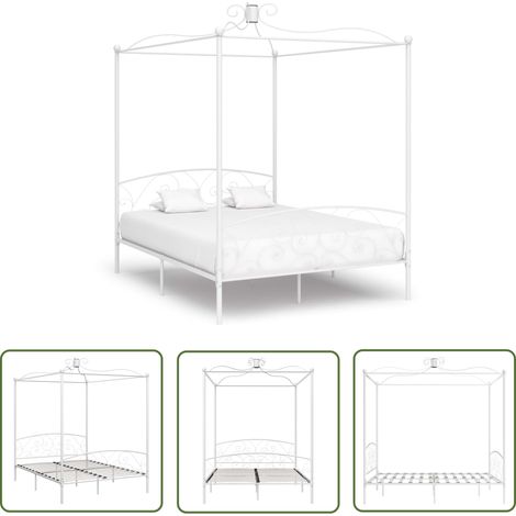 The Living Store Cadre de lit à baldaquin sans matelas blanc métal 180x200 cm - Cadre De Lit - Lit Double - Lit Metal - Lit Baldaquin - Literie (1/5)