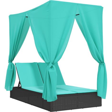 Tumbona doble con techo y cortinas ratán sintético negro vidaXL (1/5)