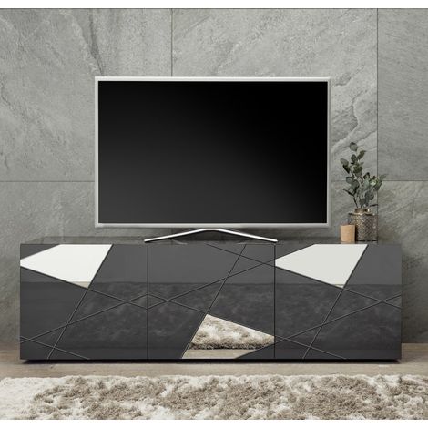 Mobile Porta TV  grigio lucido 3 ante con inserti specchio L. 181 cm - Lisbona (1/3)
