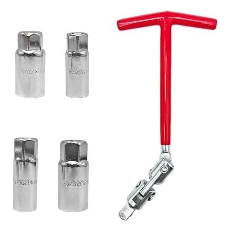Set mit 5 universellen Zündkerzenschlüsseln – 14 mm, 16 mm, 18 mm, 21 mm, flexibler T-Griff-Schlüssel für Auto und Motorrad (1/5)