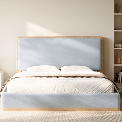 Letto a piattaforma 180x200 cm in MDF grigio e effetto legno, testiera imbottita – MEUBLIV (1/5)