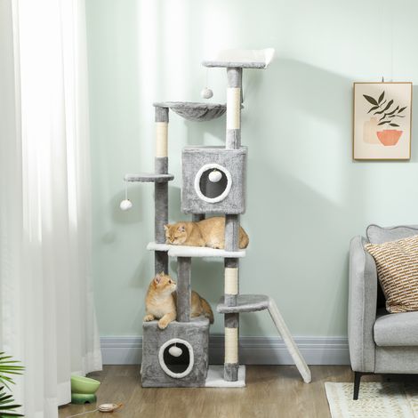 PawHut Arbre à Chat Centre d'Activités 165cm - 2 Niches, Plateformes, Hamac, Échelle, 4 Pompons, Gris (1/5)