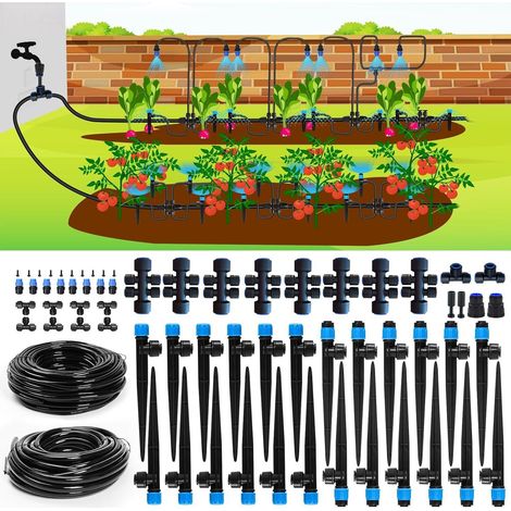 Sistema de riego por goteo de 10 m + 60 m - Kit de riego de jardín de conexión rápida con goteros ajustables - Mangueras de 6 mm y 8 mm - Para bancales elevados e invernaderos (1/3)