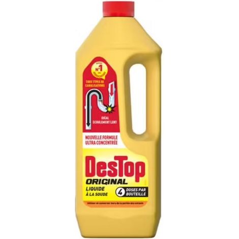 Déboucheur chimique de canalisation – Liquide concentré à la soude – Dissout cheveux et graisses – Sans danger pour fosses septiques – Destop