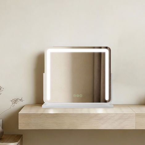 EMKE Kosmetikspiegel 52x60cm Quadratisch Schminkspiegel LED 3 Lichtfarben Dimmbar Touch Steuerung 360° drehbar Weiß