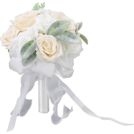 Bouquets de mariée avec ruban doux, fleurs artificielles blanches pour demoiselles d'honneur et bouquets de mariage. Roses blanches pour la décoration de la fête de mariage. (1/5)