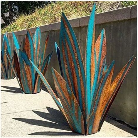 Sculpture en métal Agave décorative 65 cm – Finition style Rustys – 9 feuilles colorées – Décoration intérieure et extérieure – Abysse