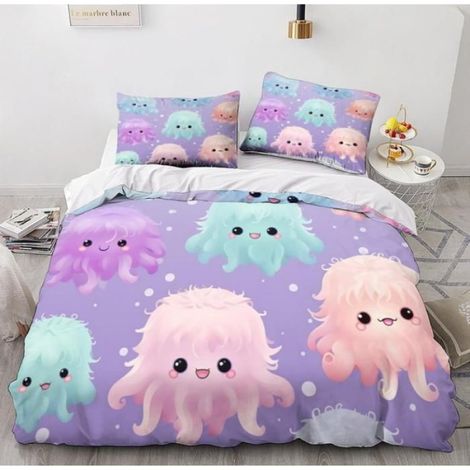 1 Housse de couette, Microfibre, Motif poulpe, Fermeture invisible, 200x200cm, Chambre adulte et enfant (1/4)