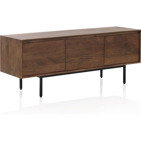 Niedriges Sideboard mit 3 schlichten Türen, massives Mangoholz, Metallbeine (1/5)