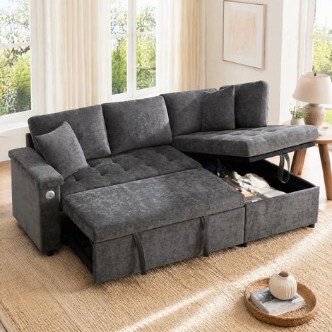 Sofá esquinero cama derecho de 209x130x84 cm, convertible en cama, con almacenaje, chenilla gris oscuro (1/5)