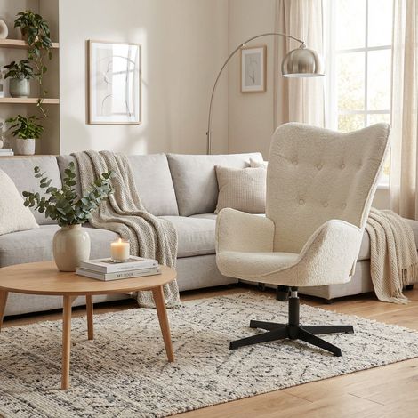 Meubles Cosy Fuchs Fauteuil de salon pivotant 360° réglable en hauteur en tissu bouclette blanc avec accoudoirs et pieds croisés en métal noir