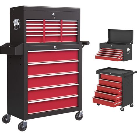 HOMCOM Rolling Tool Cabinet on Wheels with 14 Drawers, Pegboard and Side Rack, Lockable Top Tool Chest and Roller Cabinet Combo for Workshop and Hom Red