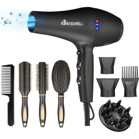 Sèche-cheveux Ion 2400 W Sèche-cheveux 3 chauffage 2 vitesses Sèche-linge infrarouge lointain Moteur AC à faible bruit avec diffuseur de sèche-cheveux (Noir mat) (1/5)