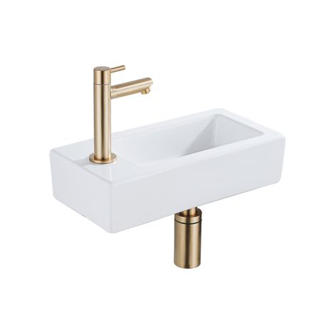 FugaFlow Efficiente Pietra Ensemble de fontaine - 37,5x18,5x9cm - céramique - trou de robinet à gauche - robinet de fontaine en laiton brossé -