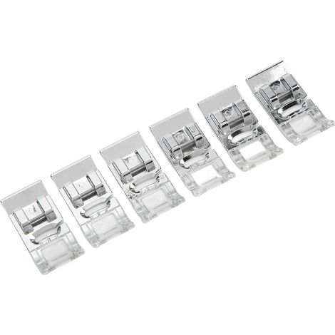 Lot de 6 pieds-de-biche pour point satin, en plastique transparent et acier inoxydable, pour une couture sans bavures.