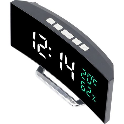 Réveil miroir LED à écran incurvé, affichage 12/24 heures de la température et de l'humidité, fonction snooze, réveil électrique (1/5)