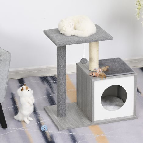Árbol para Gatos 59x39x62 cm Rascador para Gatos de 3 Niveles con Plataformas Postes de Rascado Cueva de Madera Espaciosa Cojines Extraíbles Suaves Bola de Juguete Gris (1/5)