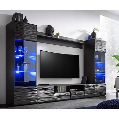 Ensemble de meubles muraux pour TV avec étagère Meuble TV et 2 Vitrines hautes Noir MODILA (1/4)
