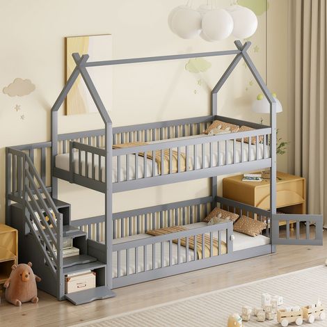 Lit cabane superposé 90 x 200 cm en bois massif avec toit, escalier sécurisé et tiroirs de rangement, gris (1/5)