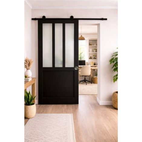 Porta Scorrevole Officina Vetro satinato nero H204 x L73 + Guida a rulli e 2 Gusci