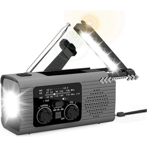 Radio d'urgence multifonction avec bandes AM/FM, à manivelle, rechargeable à l'énergie solaire, avec éclairage et fonction de prévention des catastrophes (grise). (1/5)