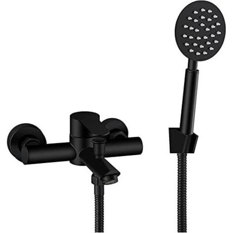 Robinet de baignoire mural en acier inoxydable avec douchette à main, mitigeur eau chaude et eau froide à poignée unique, flexible de 150 cm, finition mate (noir mat) (1/4)