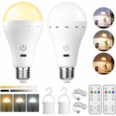 Lot de 2 ampoules LED E27 rechargeables USB avec télécommande, intensité variable et minuterie, lampes de secours pour intérieur, éclairage sans fil, blanc (1/5)