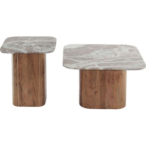 ANGELE - Lot de 2 Tables Basses Plateau Marbre Naturel Piètement Acacia
