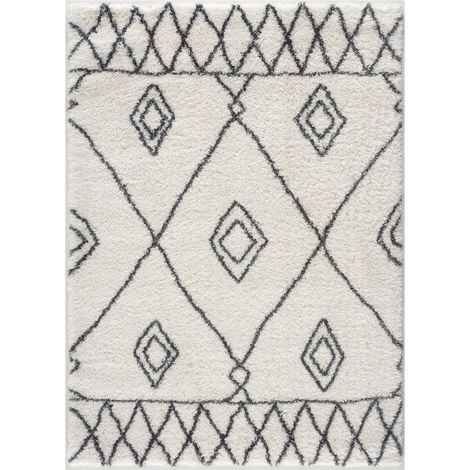 Tapis berbère rectangulaire 60x110 cm crème – Motif ethnic – Polyester tissé – Anti-acariens et hydrofuge – Résistant aux UV – Jadorel