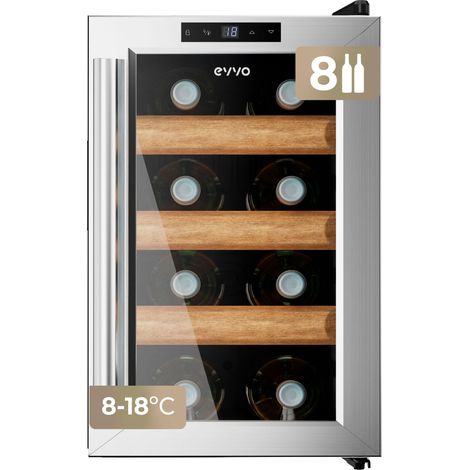 EVVO Vinoteca para 8 botellas VT8 Inox, termoeléctrica, 8–18ºC regulable, ultra silenciosa 35 dB, panel táctil, luz LED interior