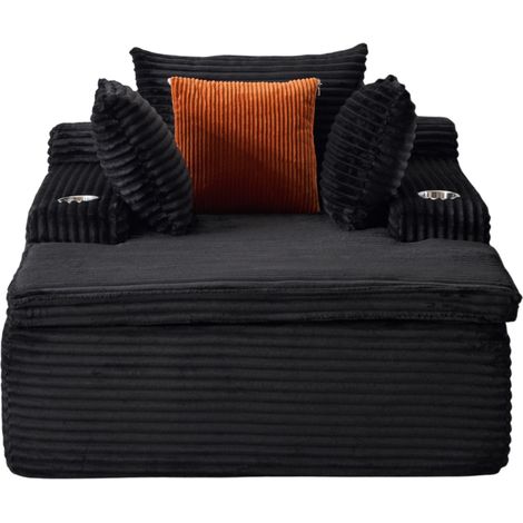 Sofá cama sin brazos con chaise longue de pana negra, con 3 cojines y manta 2 en 1, sin montaje (1/5)