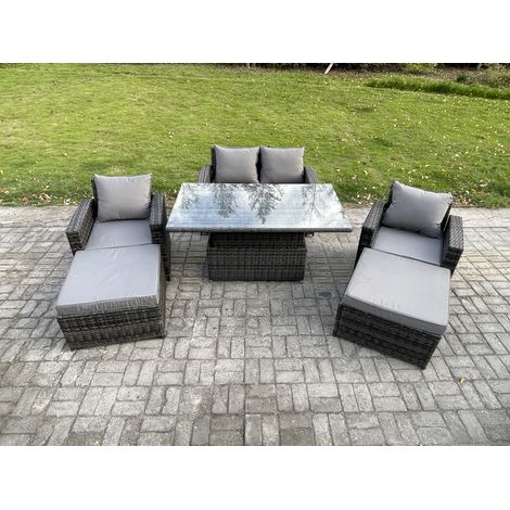 Fimous Wicker Rattan Garden Furniture Rising Table Set with 2 Big Footstool Double Seat Sofa Armchairs Dark Grey Mixed (1/5)