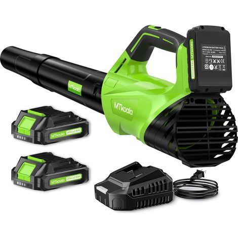 Souffleur de feuilles sans fil avec 2 batteries de 2,6 Ah et chargeur rapide, 450 CFM et 150 MPH et 2 modes de vitesse, souffleur électrique léger pour pelouse, cour, feuilles, entretien de la (1/5)