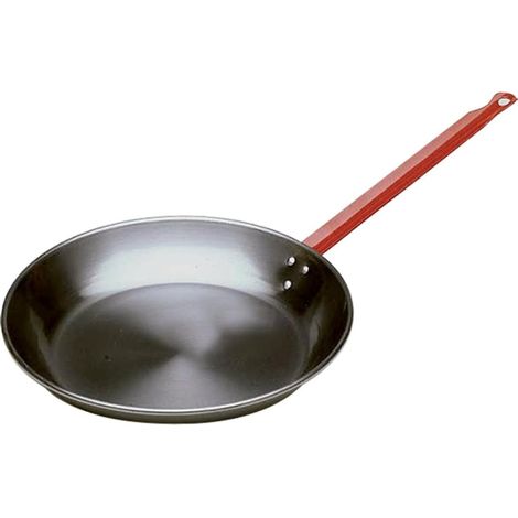 Padella in Ferro Spazzolato con Manico Rosso, per Spaghetti e Wok, Rotonda, Antiaderente Naturale, Manico Ergonomico, Uso Professionale 34 cm