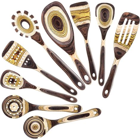 Set de 9 ustensiles de cuisine en pakkawood, cuillères et spatules en bois résistantes à la chaleur, compatibles antiadhésif, manches longs, pour cuisine, idée cadeau pendaison de crémaillère, marron (1/5)