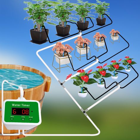 Système d'arrosage automatique JS04 pour 4 pots, kit goutte-à-goutte intelligent avec minuterie réglable, tuyau DIY 2m, design économe en eau ABS blanc (1/5)